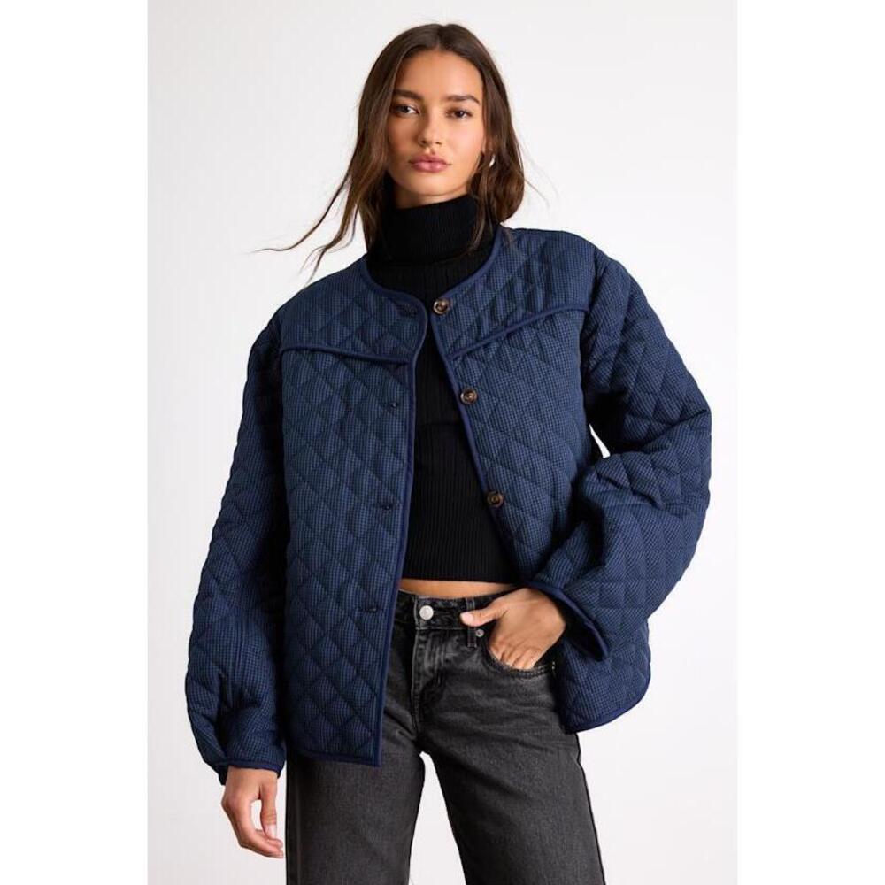 Lulus Everhart Navy Checkered Quilted Puffer Jacket Blue - Size S